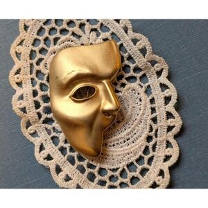 Vintage Mask Brooch Signed JJ 1988, Theater Mask Pin, Gold Tone Statement Brooch